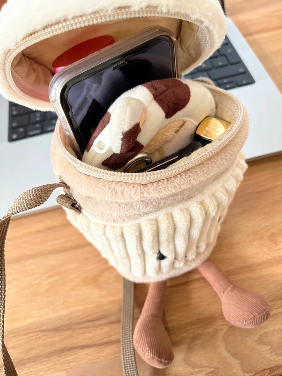 JIAERDI Plush Coffee Cylinder Messenger Bag Women New Cartoon Milk Casual Crossbody Bags Hot Girls Ins Toy Water Cup Bag Y2k