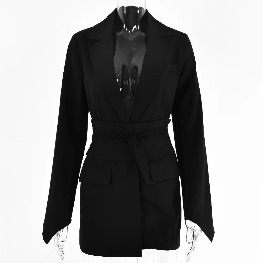 Spring Autumn Solid Long-sleeved Tailored Coat Lapel Sexy Straps Waist Cardigan Street Temperament Banquet Slim Women Blazers