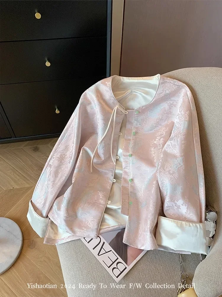 Sports Jacket New Chinese jacquard short jacket female spring and fall national style improved Tang loose pink blouse