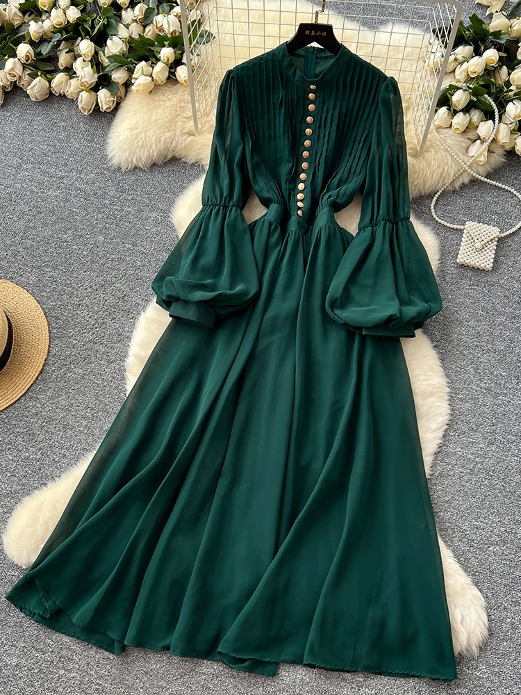 Spring Autumn Women's Chiffon Long Sleeved Dress New Retro Lantern Sleeves  Single Breasted Cinching Big Swing Long Dress J62 - AliExpress 200000345