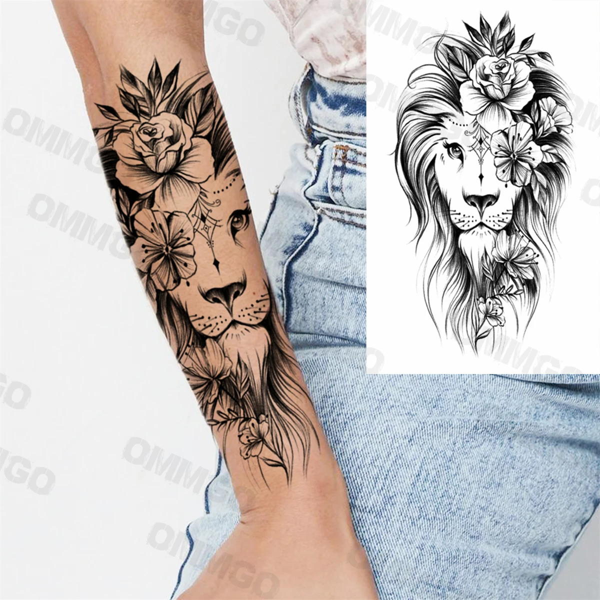 Tatouage Lion Avec Rose Femme
