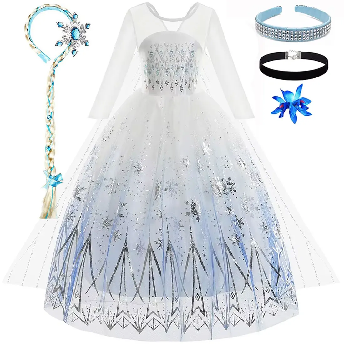 فستان الأميرة إلسا للفتيات فستان أبيض مطبوع بأكمام...