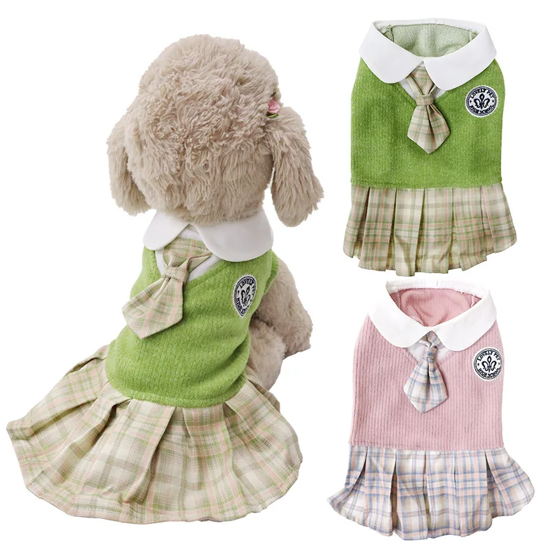 

Pet Clothes Fashion Knitted Sweater Cat Clothes Plaid Print Elegant Dog Dresses Cute Sweet Cat Dress Dog Clothes for Small Dogs