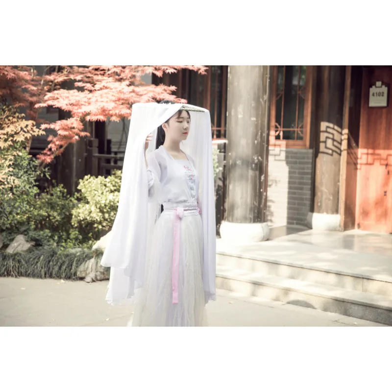 White Flower Bamboo Hat Women Hanfu Accessories Display White Antique Sunscreen Veil Bamboo Hat Curtain Cosplay Head Umbrella