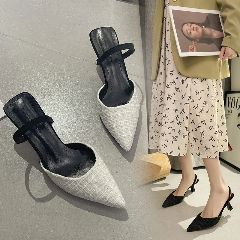 

Женские Босоножки на каблуке, прозрачные туфли с острым носком, в стиле ретро, с кошачьими каблуками и эластичным ремешком, черные, бежевые, 2024