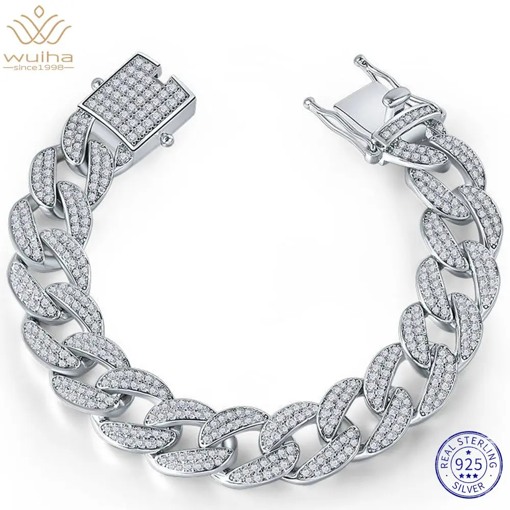 

WUIHA 925 Sterling Silver 3EX VVS1 White Sapphire High Carbon Diamonds Cuban Chain Bracelets for Women Men Gifts Hip Hop Jewelry
