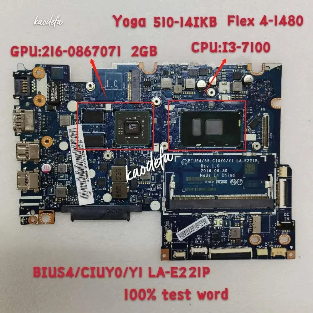 

BIUS4/CIUY0/Y1 LA-E221P Yoga/510-14ikb Lenovo Laptop Motherboard Flex 4-1480 CPU:I3-7100 GPU 2G DDR4 100% Test Ok