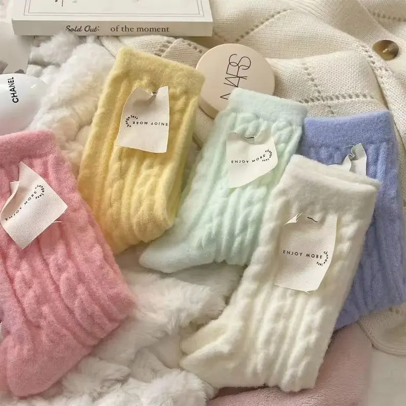 

5 Pairs Candy Colored Winter Warm Wool Socks Fleece Thickened Plush Sleeping Sock Knitted Striped Women Socks Cute Fashion Socks