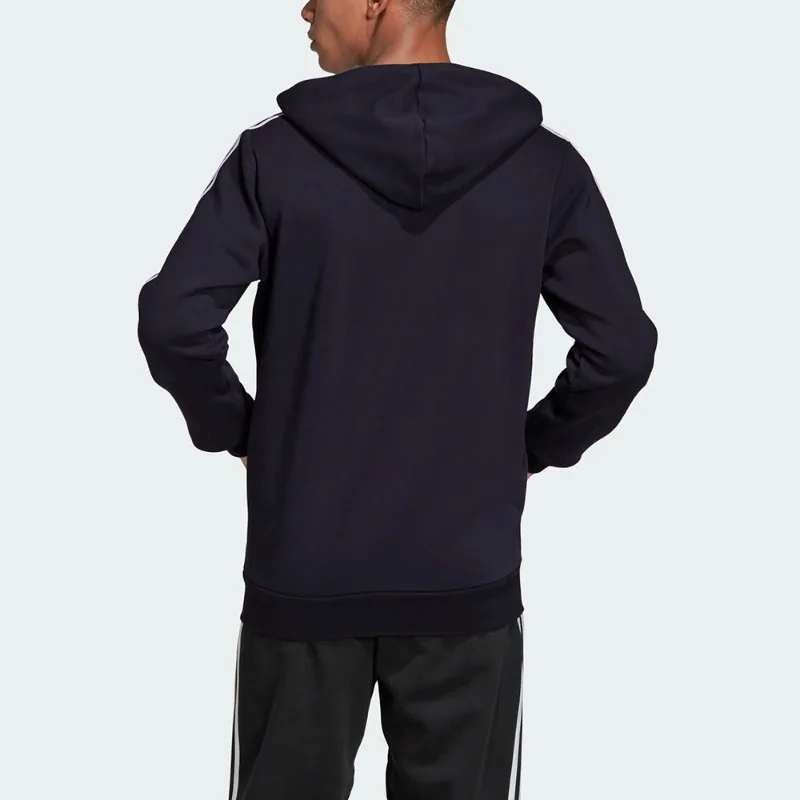 adidas ESSENTIALS 남성용 블랙 3-스트라이프 후드 재킷 플리스 웜 러닝 지퍼 아우터웨어-DQ3101