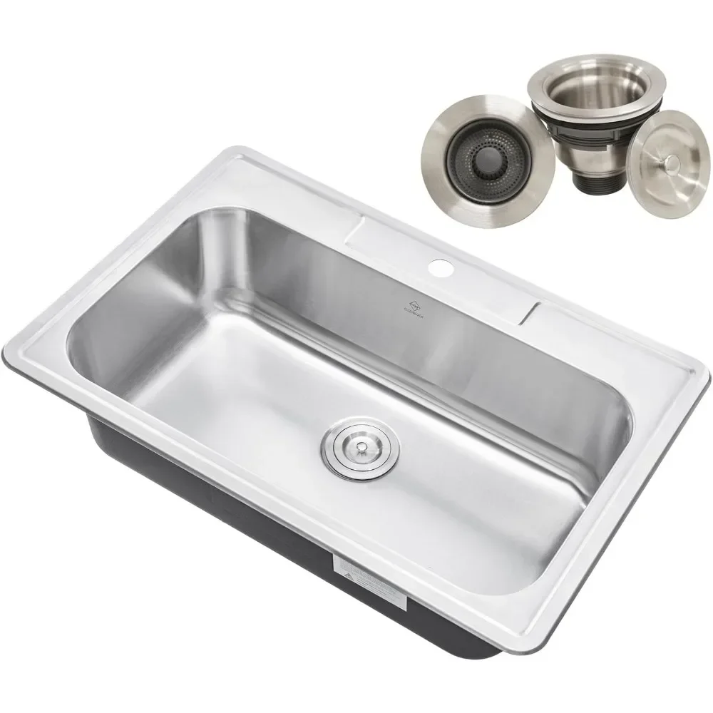 Top-mount/Drop-in Stainless Steel Single Bowl Kitchen Sink with Strainer-18 Gauge Stainless Steel-1 Faucet Hole