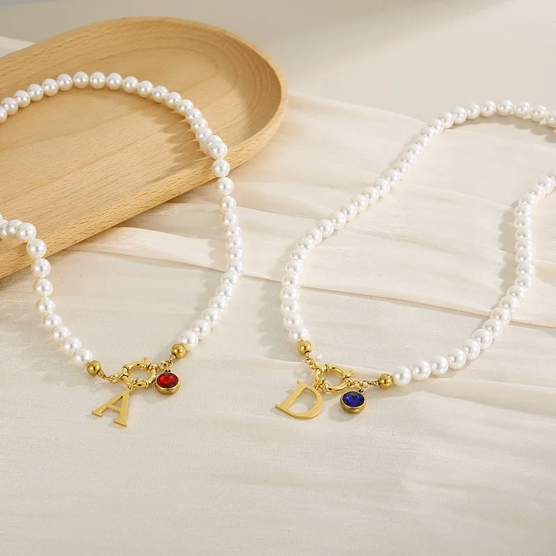 Luxury Pearl Necklace Stainless Steel Bohemia Necklace For Women Letter A-Z Pendant Girl Charm Grass Chain Wedding Party Jewelry