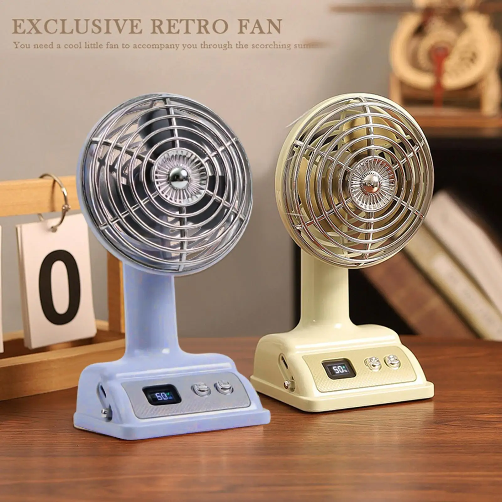 Compact Retro Mini Desk Fan with Digital Display and USB Rechargeable Cooling