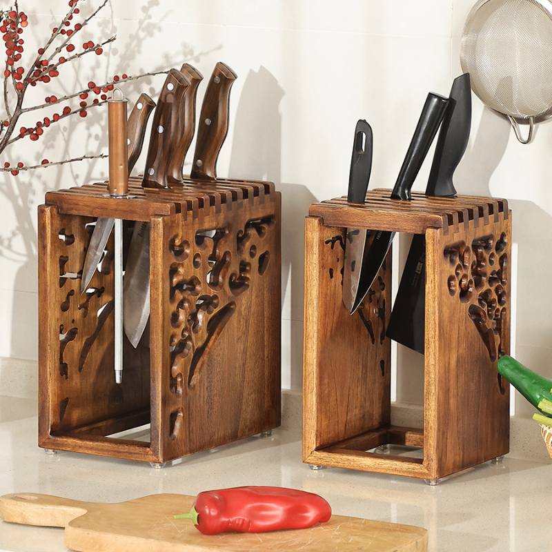 Solid Wood Knife Rack Kitchen Accessories Knife Organizer Wooden Ventilated Drainage Carved Skeleton Mortise and Tenon Design