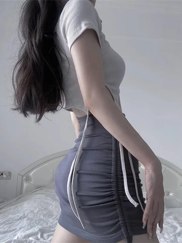 여성용 불규칙한 스플라이싱 반팔 원피스, 한국 용수철, 스파이시 걸 드로스트링, 슬림핏 랩 스커트, ZDHV, 2024 신상