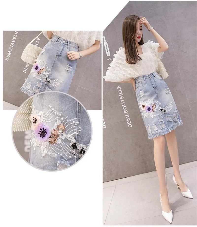 2022 Women's Denim Skirts Spring Summer High Waist Heavy Work Embroidery Flower Jeans Skirt Plus Size Hole Cowboy Skirt nike tennis skirt