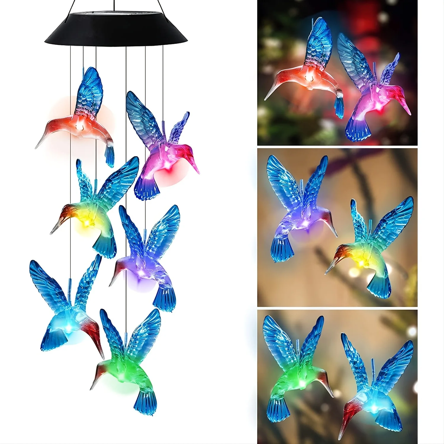 1pc Solar Blue Hummingbird Wind Chime Light LED Hummingbird Courtyard Wind Chime Light Landscape Light Courtyard Light