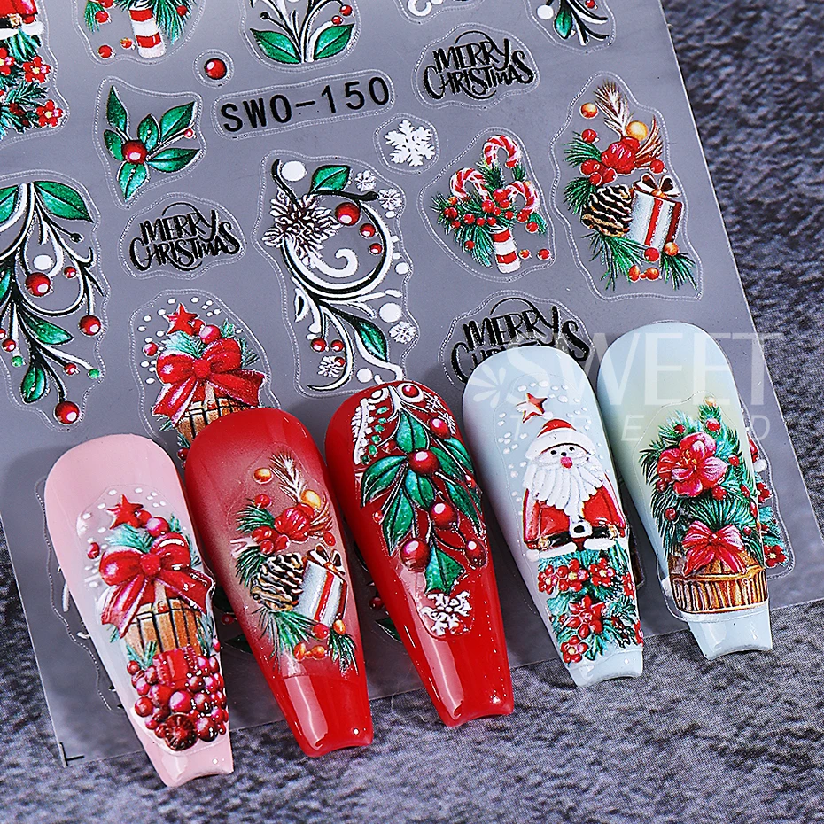 2pcs Embossed Christmas Nail Stickers 3D Cute Penguin Elk Snowflake Holly Nail Decals New Year Manicure Decoration Nail Supplies