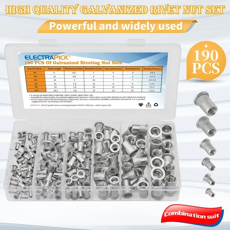 Aluminum Rivetnuts Blind Set Nutserts Threaded Insert Nuts 190/93pcs M3 M4 M5 M6 M8 M10