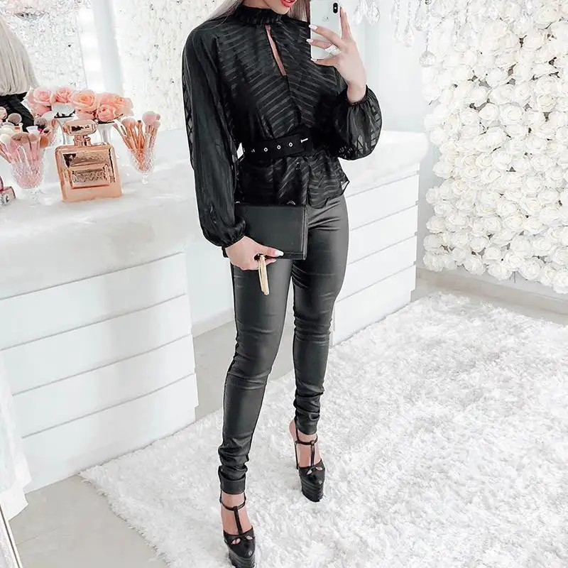 

2023 New Women's Shirt Autumn Sexy Mesh Stripes Solid Color Blouse Top Women's Fashion Lantern Sleeve Turtleneck Shirt