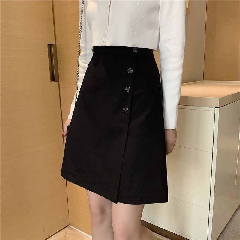 

4Xl Oversized Black Button Midi Skirts Women Summer Fashion All Match Harajuku Korean Elegant Office Lady Simple A Line Skirts