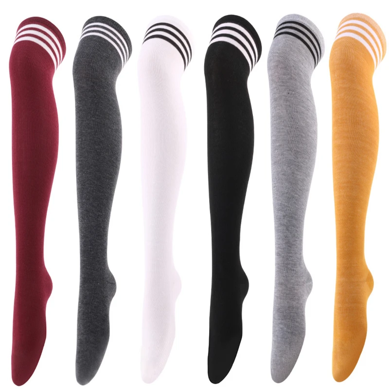 Chaussettes longues Sexy à rayures de couleur unie pour femmes, au-dessus du genou, cuisses hautes, bas chauds pour dames et filles, nouvelle collection 2023