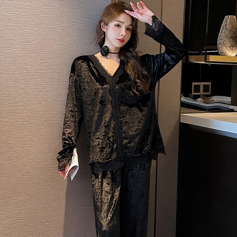 Autumn and Winter New Pajamas Women's Long Sleeve ins Japanese Gold Velvet Spring and Autumn Set Cardigan V-Neck Home Fur