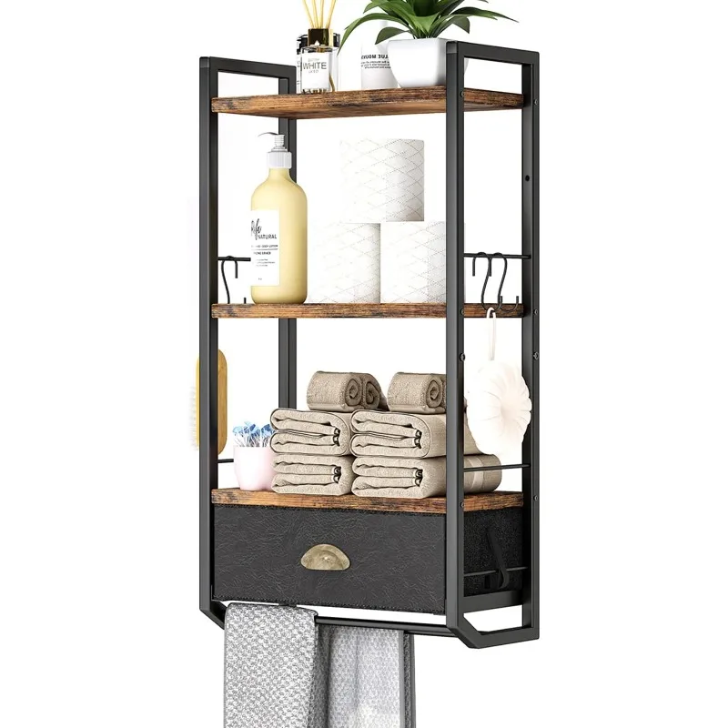 

Bathroom Storage Organizer Wall Mounted, 3 Tier Bathroom Towel Rack Shelf with Storage Drawer Double Towel Bars and Hooks