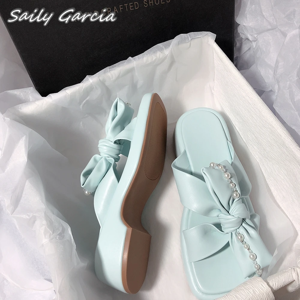 Open Toe With Pearl Butterfly Knot All-Match Slippers 2024 Summer Soft Bottom Outdoor Sandals Sweet Grace Hollow Casual Shoes