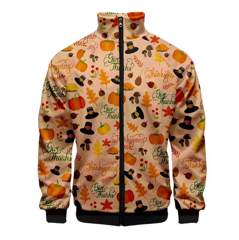 thumbnail image 1 of Chaqueta informal con cremallera y estampado 3D de Acción de Gracias de última oferta, diseño de pavo de animales de Acción de Gracias, para hombre, de manga corta, 1 of 5