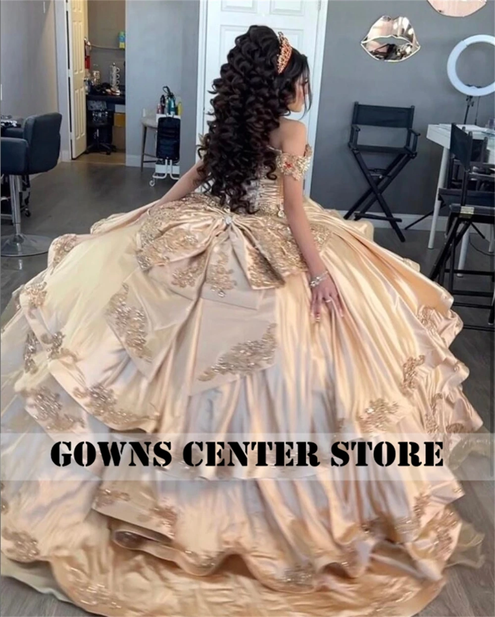 Party Dress Quinceanera Dresses Princess Mexico Champagne Gold Quinceanera Dresses Off The Shoulder Flowers Satin Ruffels Ball Gown Sweet 16
