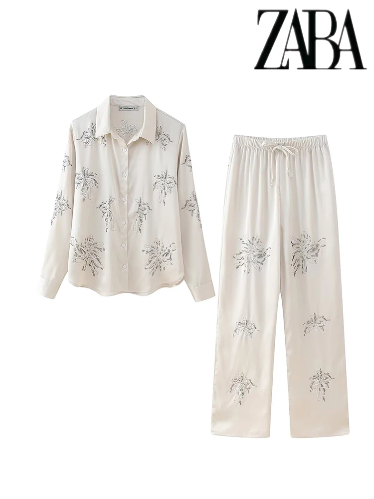TRAF Womens Embroidered Beaded Long Sleeve Ladies' Suit Lapel Single Breasted Shirt Set Loose Tie Straight Pants Two Piece Set