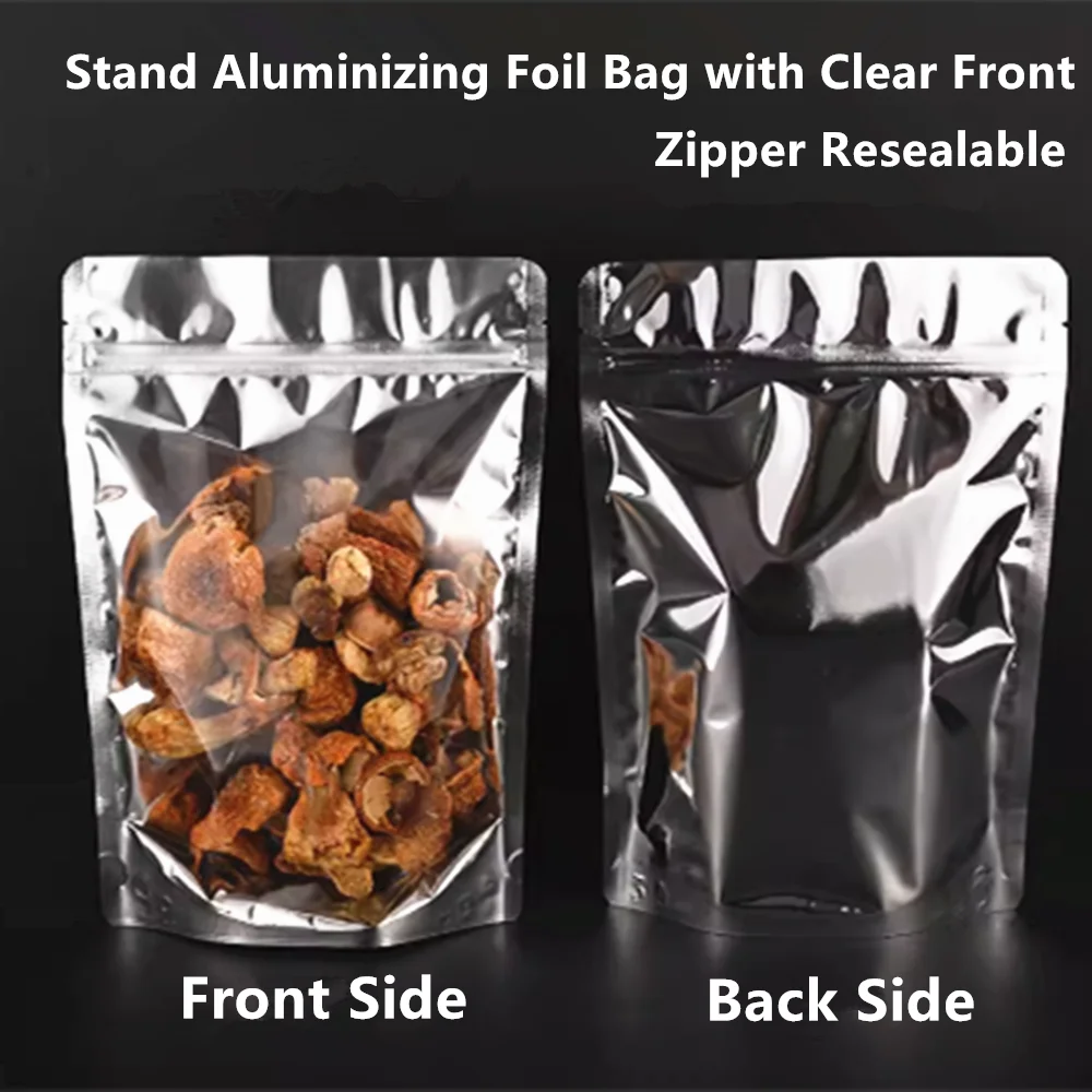 

100pcs One Side Clear Stand Aluminizing Zip Lock Bags - Zipper Clip Reusable Mylar Foil Food Grade Pouches Snacks Gift Packaging