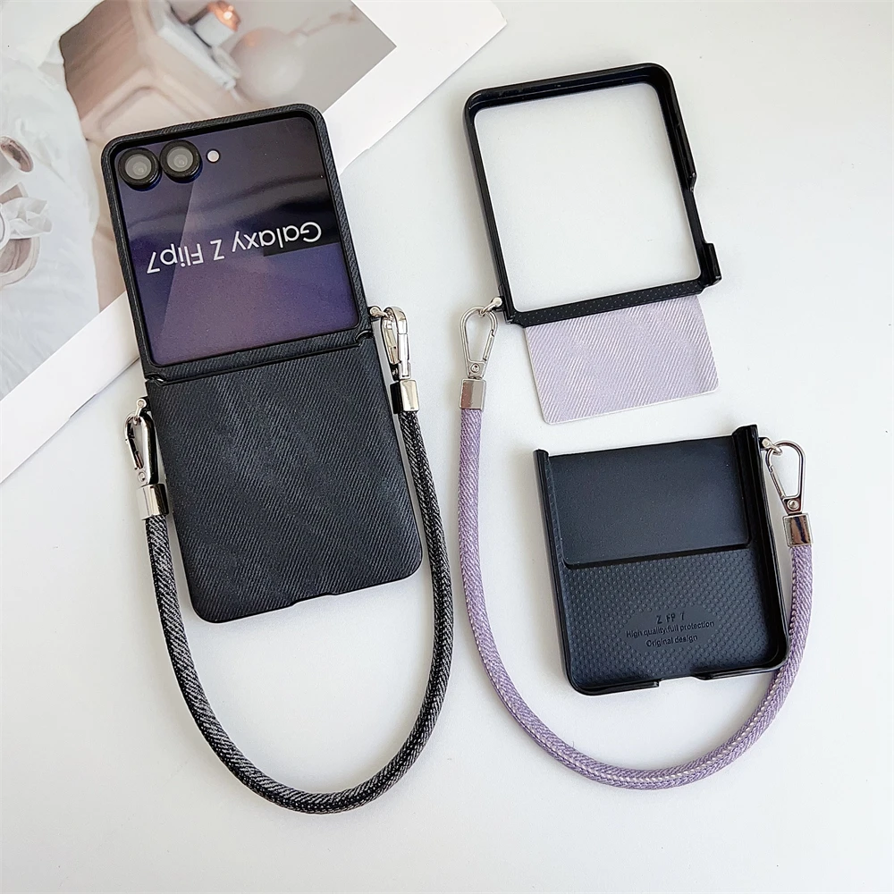Luxury Denim Leather Phone Case with Lanyard and Wrist Strap - Slim Cover Design