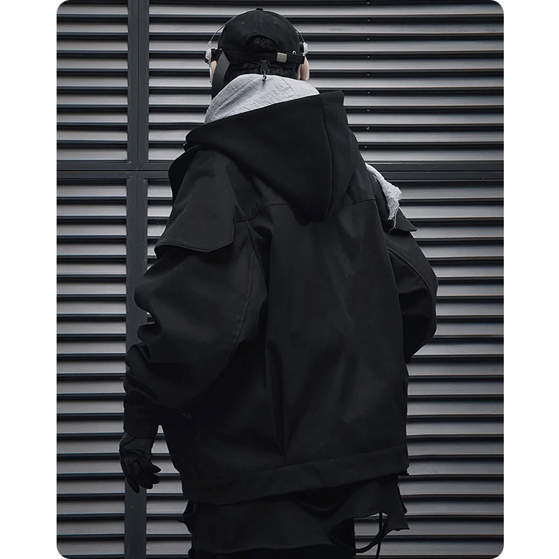 Unisex High Street Functional Cargo Jacket Techwear Fake two-piece Tactical Windbreaker Coats Streetwear Men's clothing Oversize 4