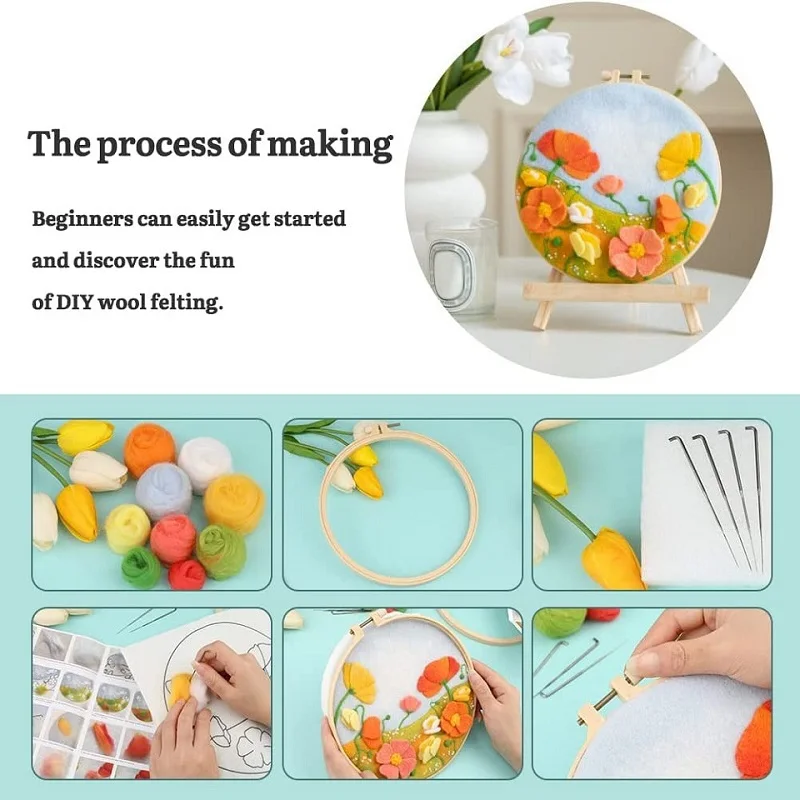 Needle felting kit KRABALL Needle Felting Material Set for Beginner with Instruction Wool Roving Needles Frame Felt Cloth Form Mat for DIY Felting