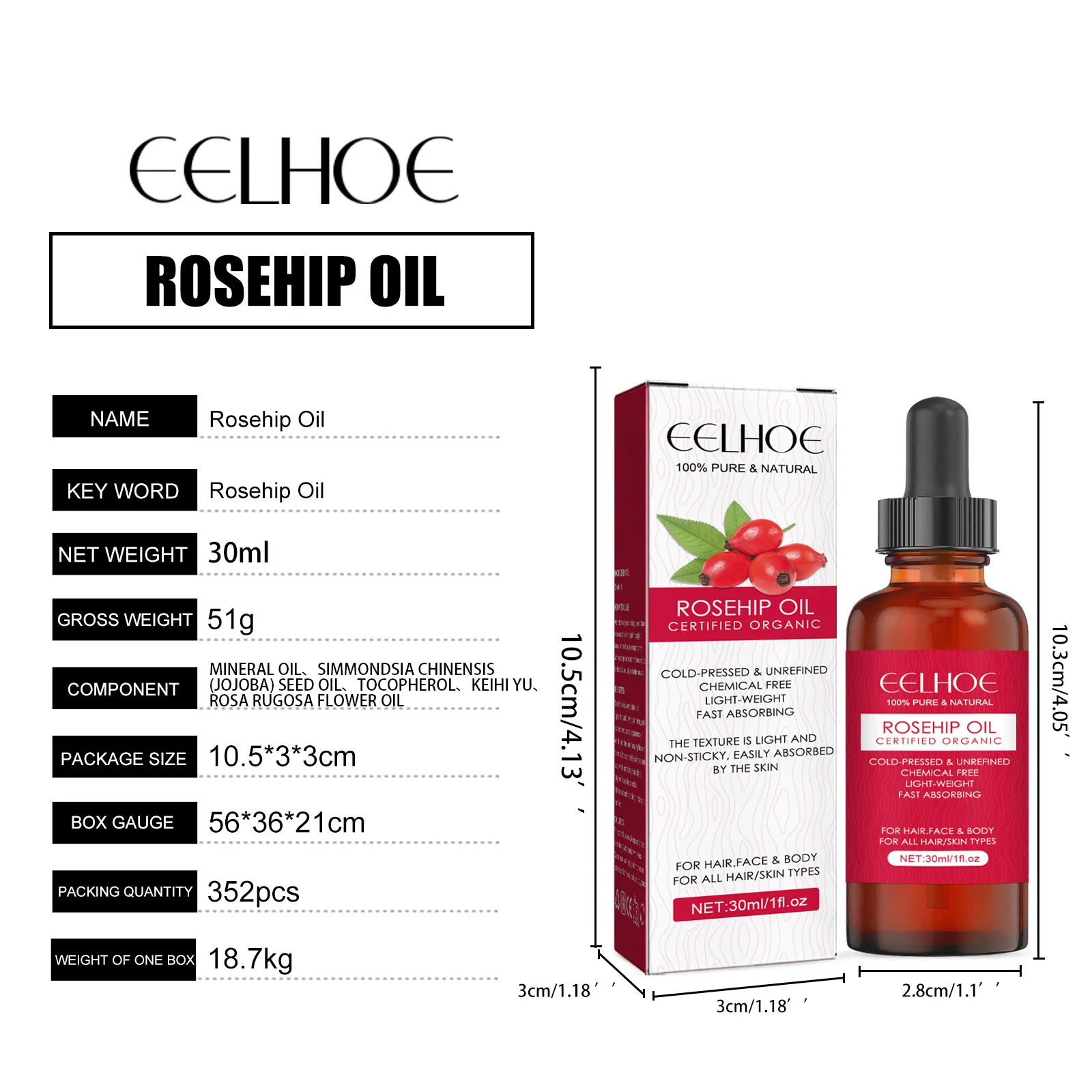 EELHOE Rosehip Oil for Face Body Hydrating Dry Skin Nourishing Massage Oil Hair Skin Care 100% Natural Moisturizing Treatment