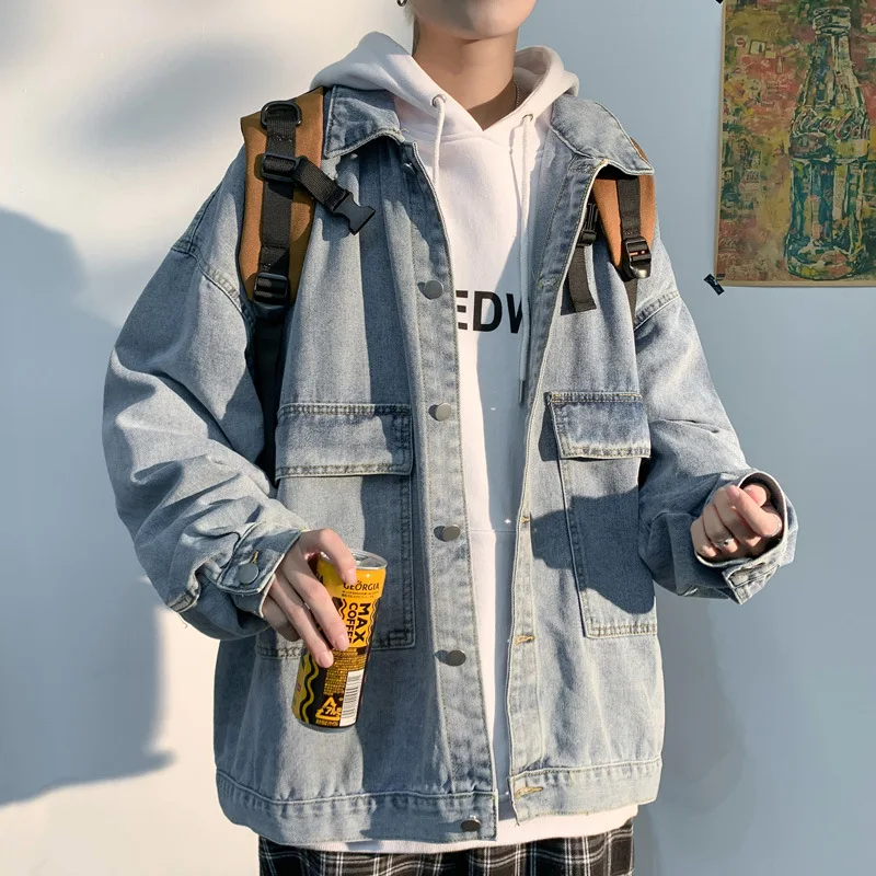 

Men's Denim Jacket Korean Streetwear Jacket Men's Long-Sleeved Cardigan Single-Breasted Pocket Stitching Loose Denim Jacket
