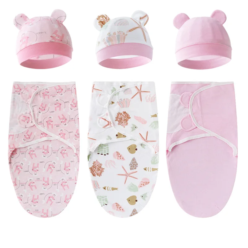 Swaddle Blanket Cotton Baby Swaddle Wrap Hat Set for Infant Adjustable Newborn 0-6 Month