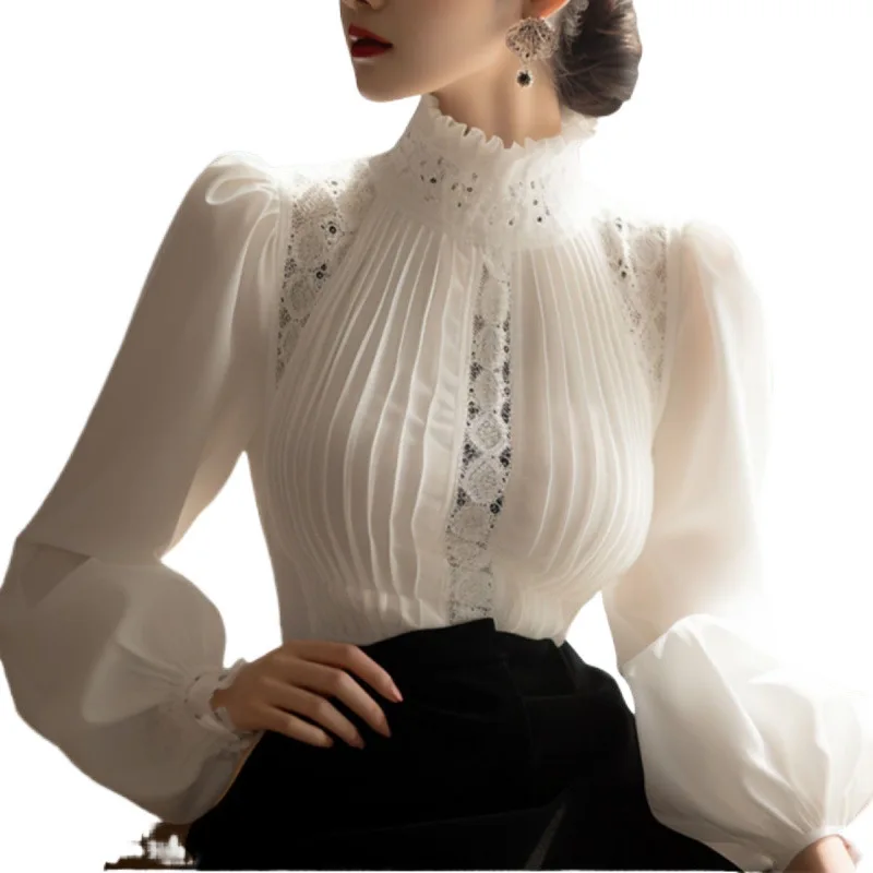 الربيع السيدات المرقعة تفريغ الدانتيل كم طويل قميص بلايز جديد الكورية موضة المرأة بلون الوقوف طوق البلوزات