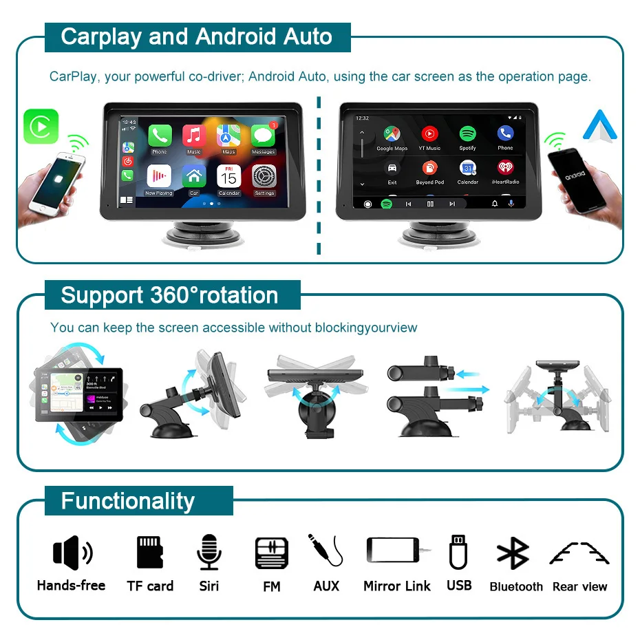 Reproductor de vídeo Multimedia de Radio para coche de 7 pulgadas, Carplay inalámbrico y Android Auto, portátil, GPS, Navi, pantalla táctil Universal 3