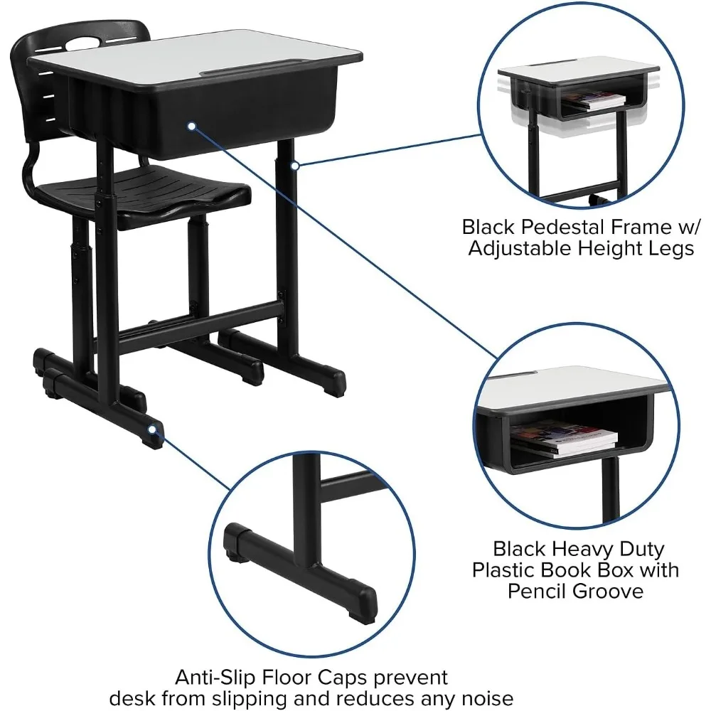 Adjustable Height Student Desk and Chair Set for Classrooms or Remote Learning, School Desk with Chair and Book Box, Gray/Black