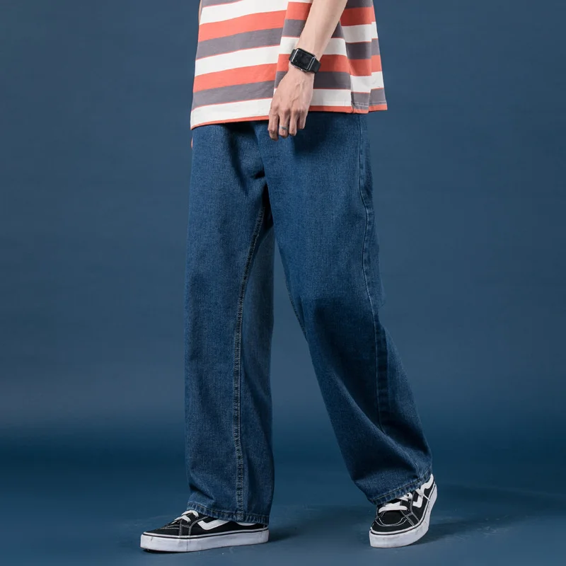 Autumn Winter Men\'s Wide Leg Denim Pants Korean Fashion Luxury Top Quality Baggy Jeans Men Elastic Waist Mop Daddy Trousers