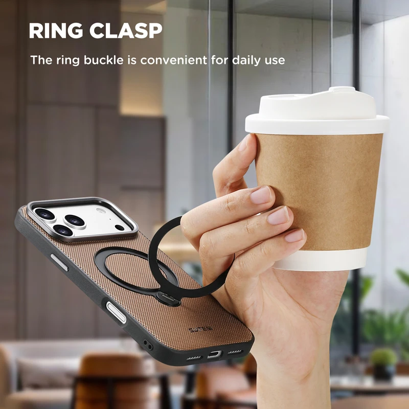 Luxury Business Triangle Texture Leather Phone Case with 360° Rotating Metal Ring Stand