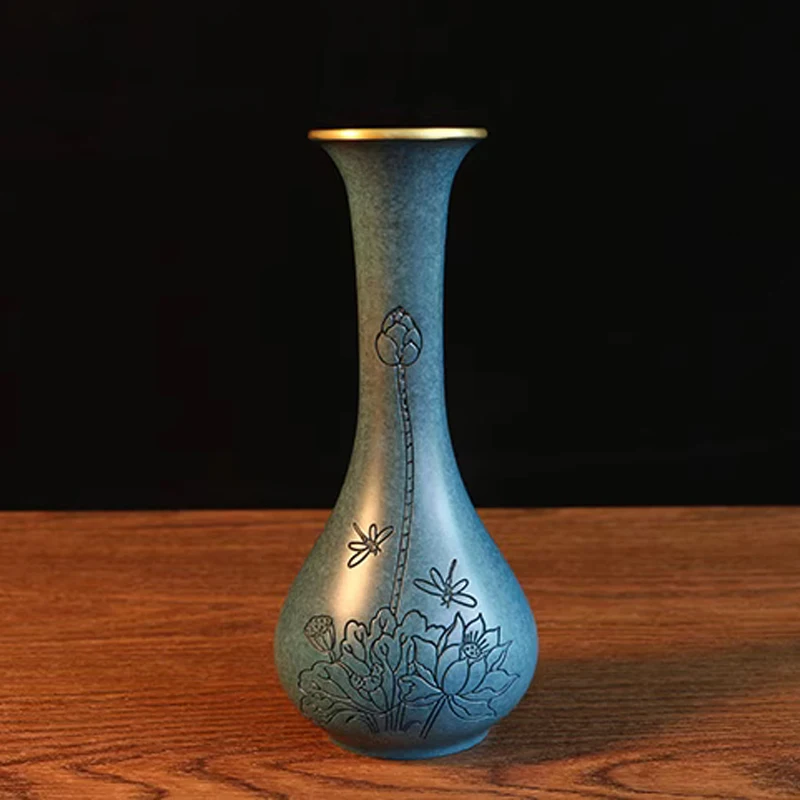 Chinese Style Creative Copper Vases Ornament, Home Living Room Desktop Decorations, Carving Lotus Pattern, Metal Brass Vase, 1Pc