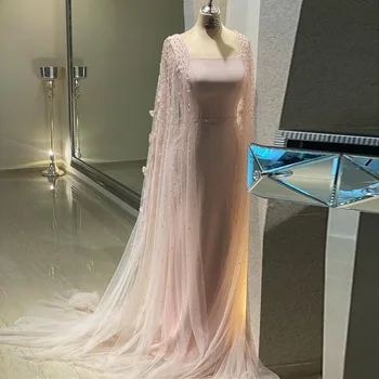 Luxury Pink 3D Flowers Dubai Evening Dress with Cape Sleeve Arabic Elegant Women Formal Gown for Wedding Party 493 1