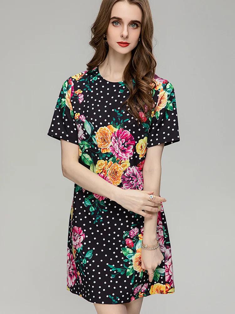 

Женское платье мини в горошек, модельное дизайнерское винтажное платье черного цвета с цветочным принтом и круглым вырезом, платье с коротким рукавом и бисером, Новинка лета