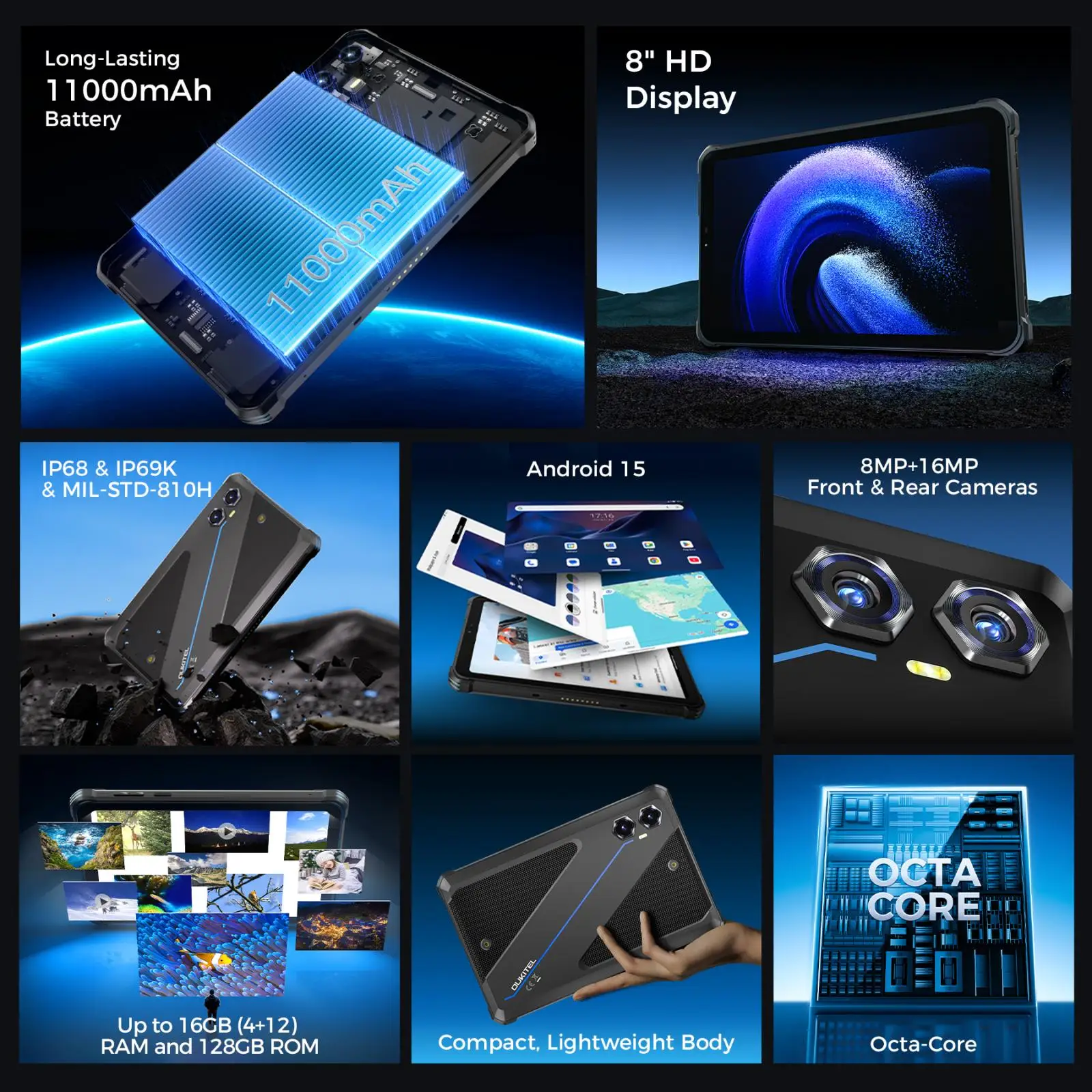 OUKITEL RT3 Plus Rugged Tablet 4G 4GB+128GB 8"HD IPS Display Android 15 MediaTek G81 Octa-Core Support Dual SIM NFC Tablet PC