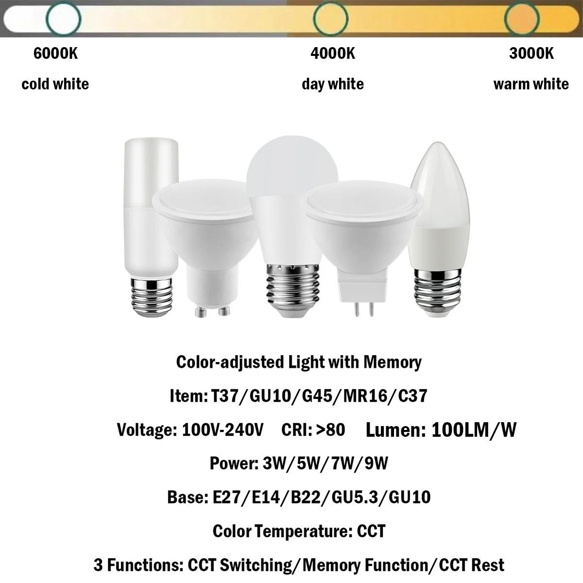 10PCS New LED Smart Light 3 Color-Adjusted with Memory 3-9W 100-240V GU10/MR16/C37/T37/G45 No Strobe 3 Functions for Home Office