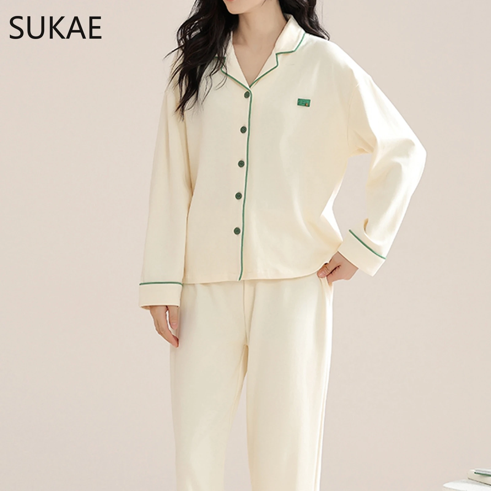 Couple Pyjamas Pure Cotton Homewear Solid Color Collared Lapel Cardigan Long Bottoms Sleepwear Men and Women's Pajamas Set