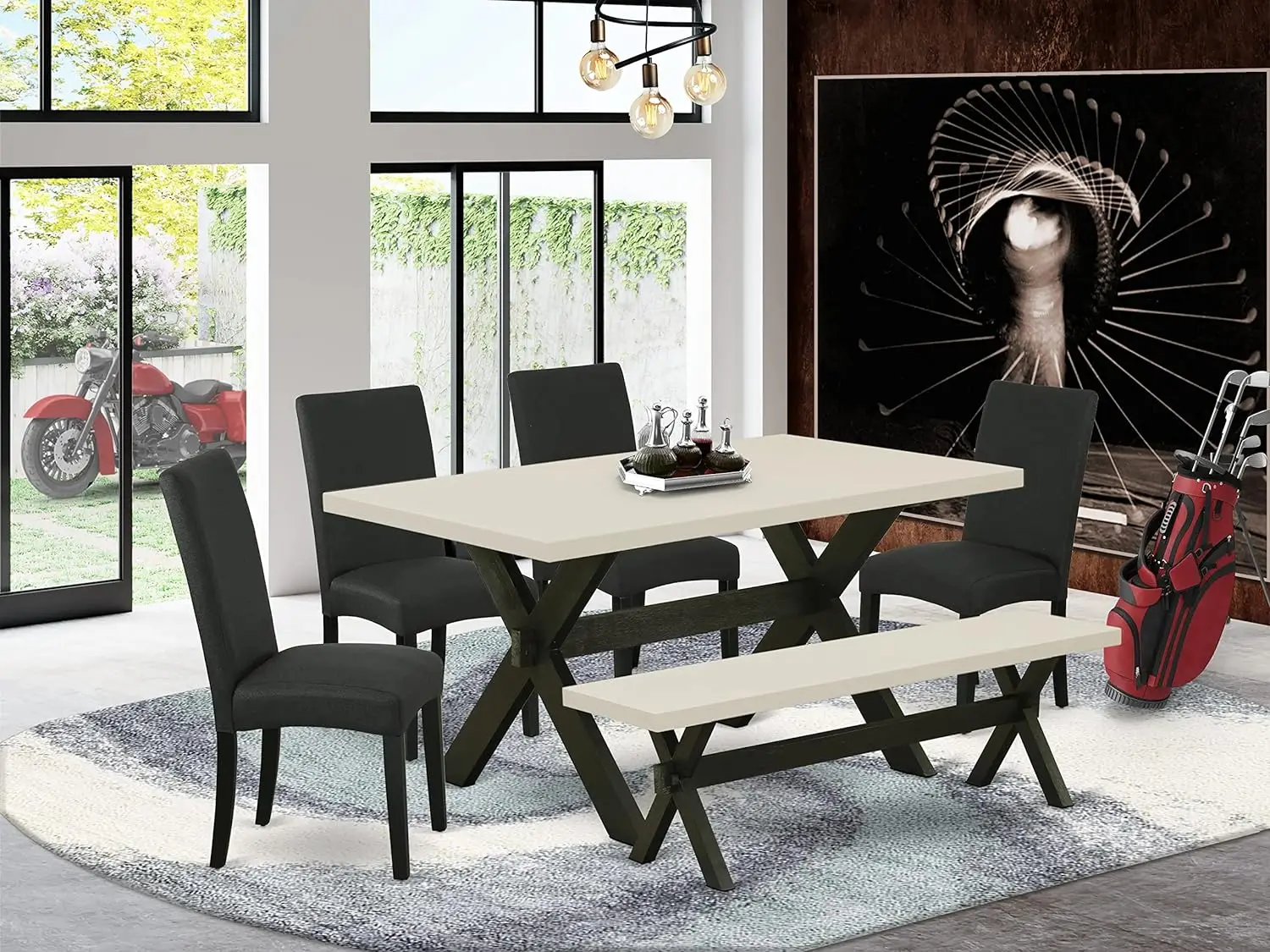 

Обеденный набор из 6 предметов East West Furniture X-Style содержит прямоугольный кухонный стол с X-ножками и 4 черными льняными полосами Parson